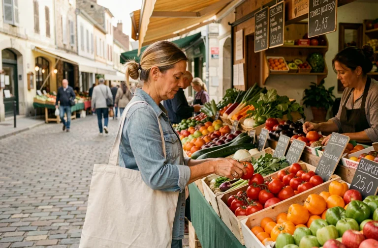 Femme faisant ses courses chez un primeur en plein air dans un marché de quartier