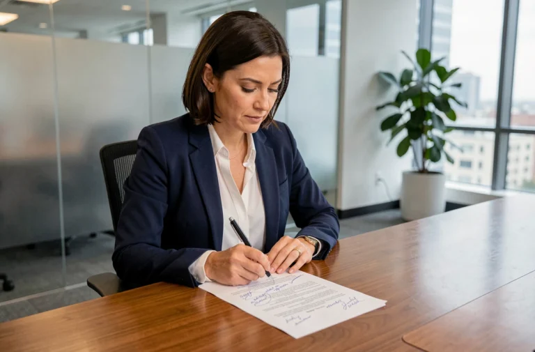 Femme professionnelle en blazer marine révisant son CV annoté dans un bureau moderne pour valoriser ses compétences sur le marché du travail
