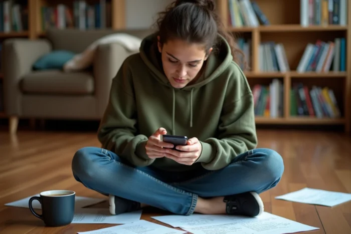 Jeune femme concentrée résolvant une énigme sur smartphone, assise sur un parquet en bois entourée de notes manuscrites