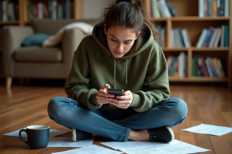 Jeune femme concentrée résolvant une énigme sur smartphone, assise sur un parquet en bois entourée de notes manuscrites
