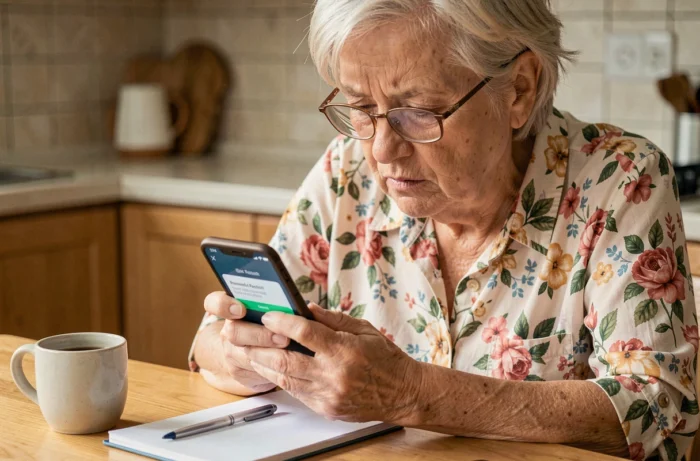 Femme retraitée tenant un smartphone affichant une page de réinitialisation de mot de passe dans sa cuisine