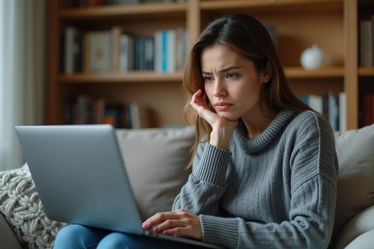 Femme frustrée face à un écran d'ordinateur affichant une erreur de site de streaming fermé