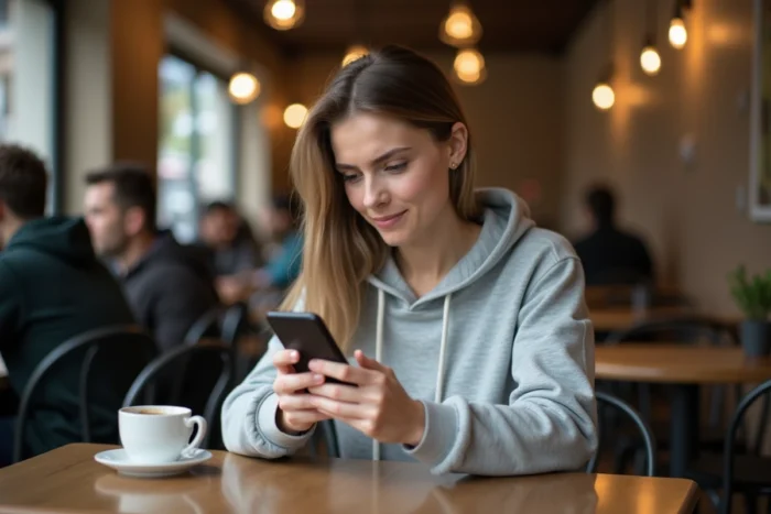 Femme consultant son smartphone dans un café pour trouver la nouvelle adresse d'un site internet