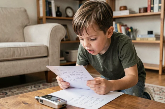 Enfant enregistrant sa voix dans un dictaphone pour créer un fond sonore personnel destiné au diaporama de son anniversaire
