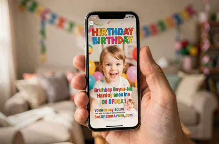 Main tenant un smartphone en format vertical affichant un diaporama d'anniversaire optimisé pour le partage mobile