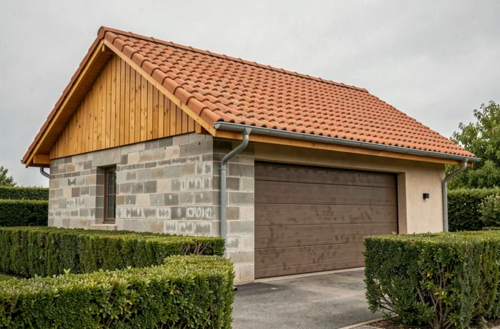 Garage résidentiel avec toit en pente en tuiles de terre cuite récemment installé, vue extérieure depuis la rue