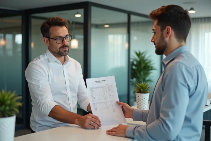 Gestionnaire immobilier présentant un relevé de loyer avec solde antérieur à un locataire dans une agence moderne