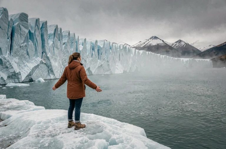 Voyageuse admirant le glacier Perito Moreno en Patagonie argentine en août, vaste paysage glaciaire turquoise et ciel couvert