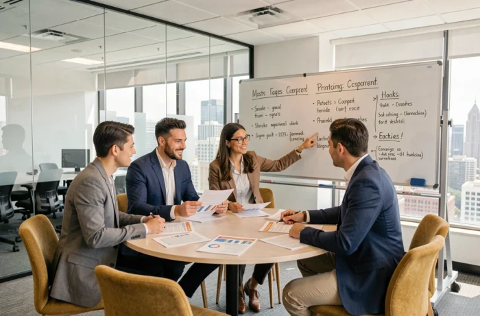 Groupe de professionnels discutant ensemble du choix d'une formation pour évoluer dans leur carrière