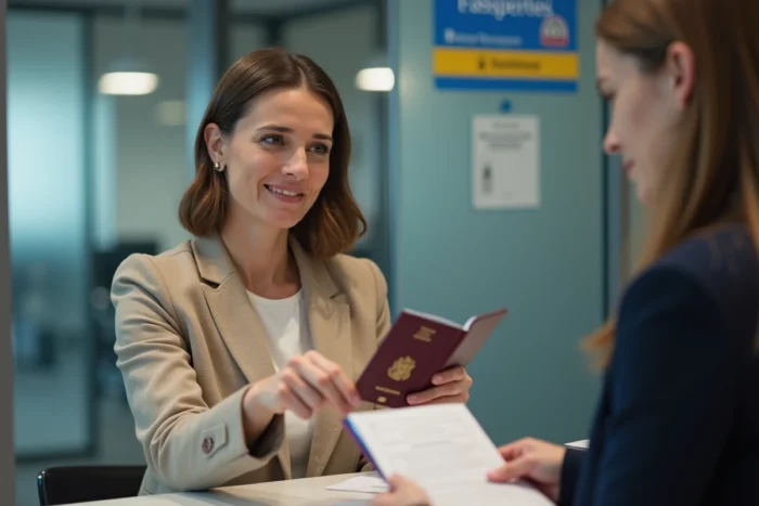Agente administrative remettant un passeport au guichet d'une mairie lors d'une démarche pour nom d'usage enfant