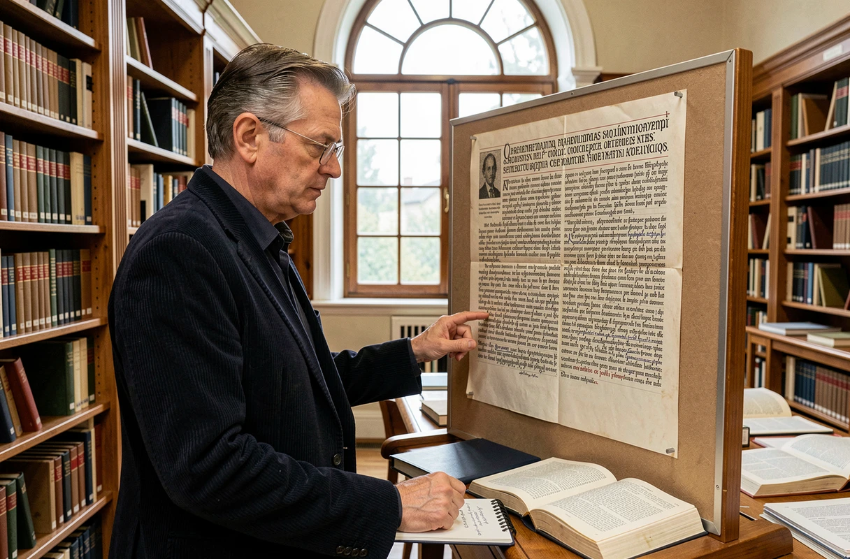 Historien analysant une reproduction de l'Ordinatio Imperii carolingienne dans une bibliothèque universitaire entourée de livres de recherche