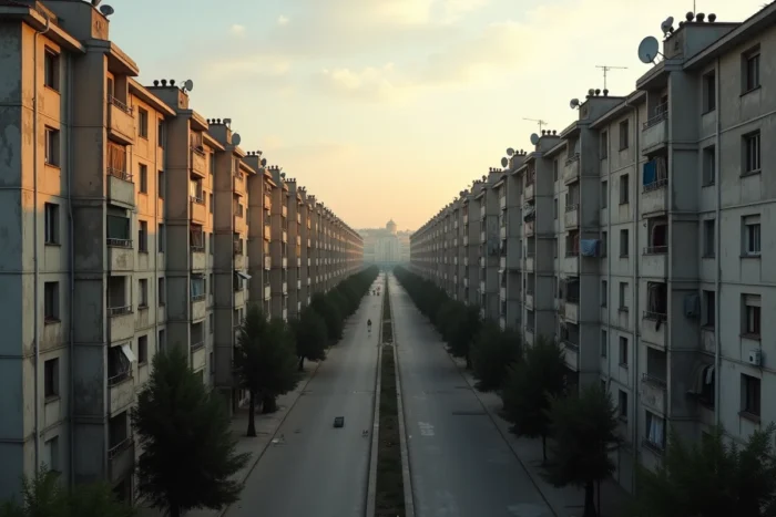 Vue panoramique de tours HLM dans un quartier périphérique de Montpellier au crépuscule