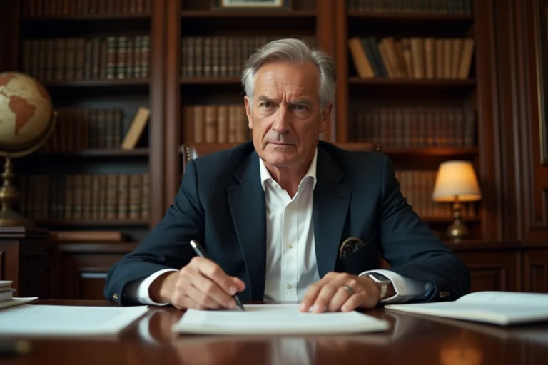 Homme d'affaires français discret travaillant dans un bureau privé parisien élégant, illustrant une fortune discrète et une stratégie financière