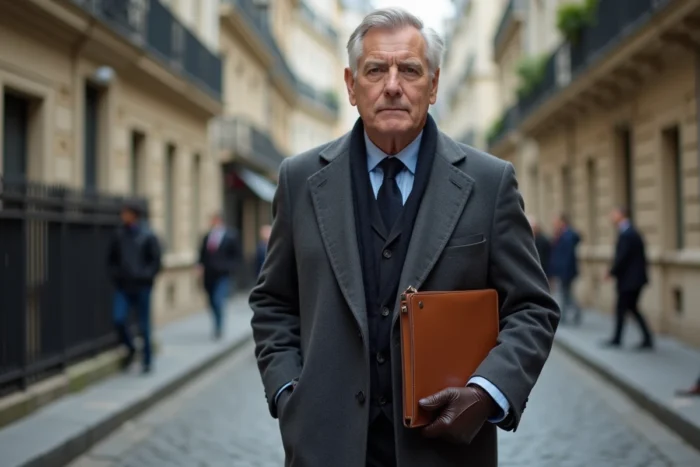 Homme d'affaires marchant discrètement dans une rue parisienne avec un porte-documents en cuir, évoquant stratégie financière et fortune cachée en France