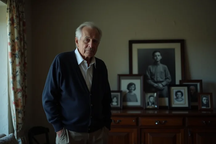 Homme âgé debout près d'une commode avec des photos de famille en noir et blanc, évoquant le deuil et le souvenir de parents dans les rêves