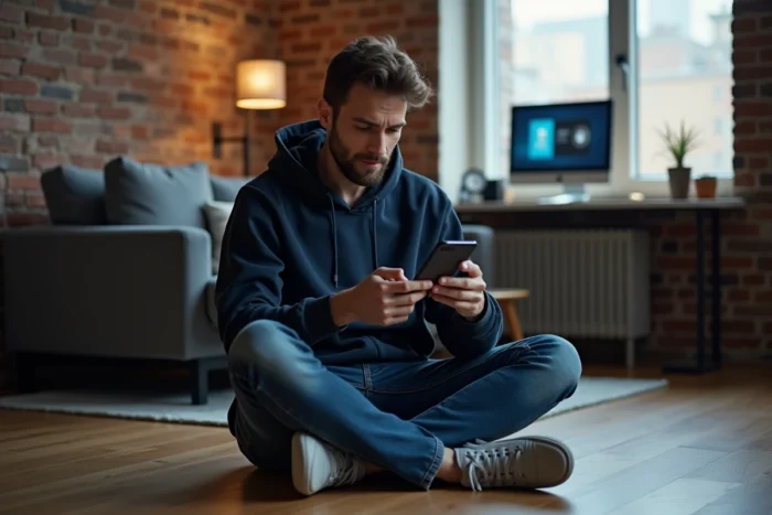 Homme cherchant des alternatives de streaming sur son smartphone dans un appartement urbain