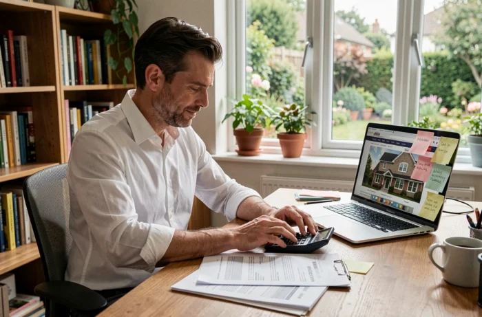 Homme analysant des documents de prêt immobilier à son bureau avec calculatrice et ordinateur portable ouvert sur un site d'annonces