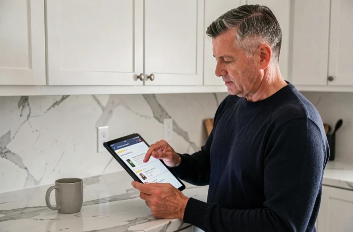 Homme consultant un comparateur en ligne sur une tablette dans sa cuisine