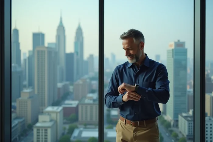 Homme en bureau terminant sa journée de travail à heure fixe devant une fenêtre panoramique, symbolisant les métiers aux horaires réguliers et le respect de l'équilibre pro-perso