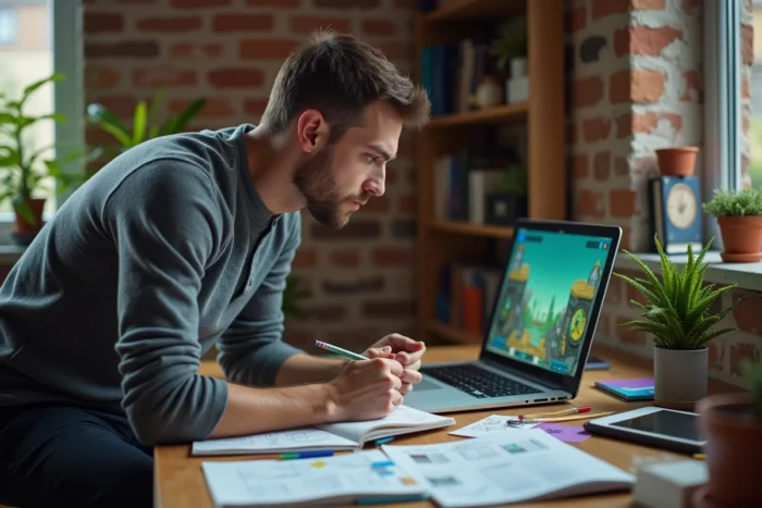 Homme réfléchissant à des solutions de jeu d'escape room devant un bureau couvert de notes et captures d'écran imprimées