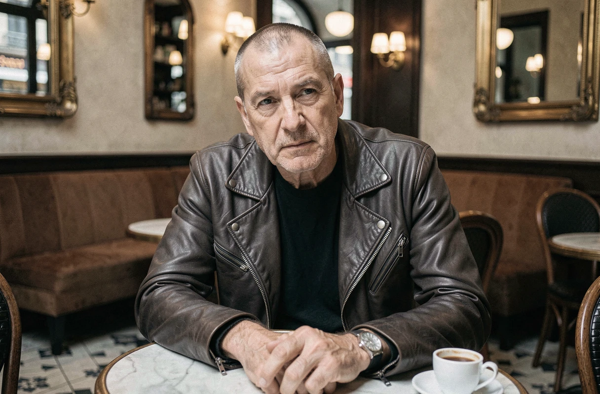 Homme au crâne rasé en veste en cuir assis dans un café parisien avec mobilier vintage, portrait de style reportage