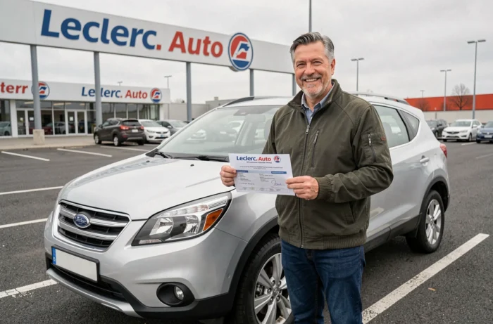 Homme tenant sa carte grise devant son SUV dans un parking Leclerc Auto