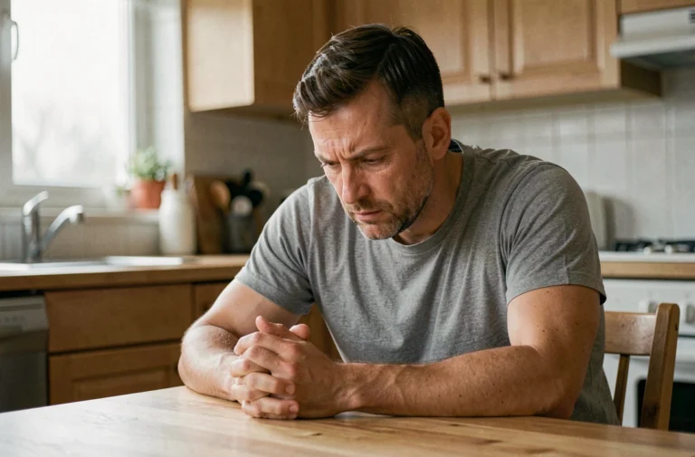 Homme pensif assis seul à une table de cuisine en bois, reflétant un changement de comportement intérieur