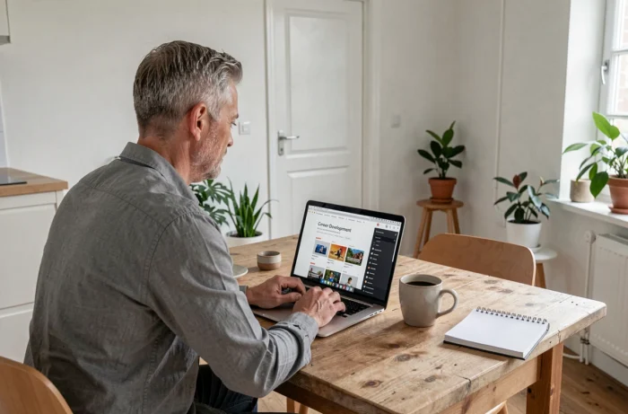 Homme en télétravail comparant des formations en ligne sur son ordinateur portable depuis son domicile
