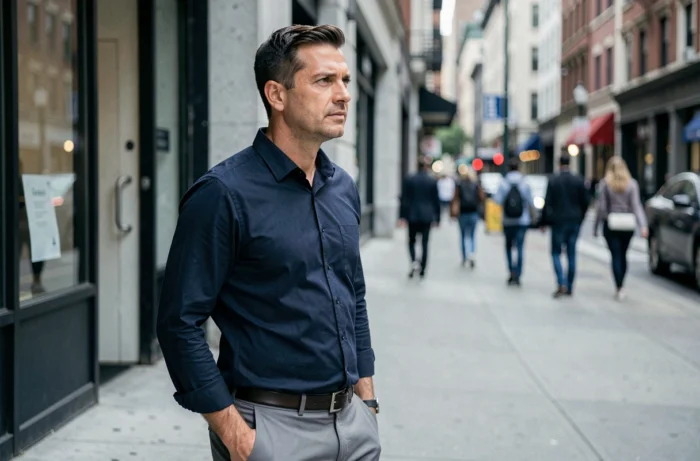 Homme d'âge moyen debout sur un trottoir urbain avec une expression distante, illustrant un isolement comportemental