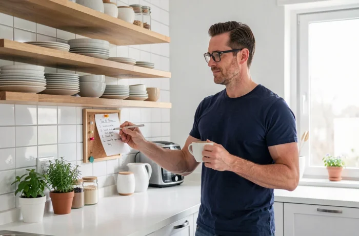 Homme consultant sa liste de tâches dans une cuisine moderne pour organiser sa journée
