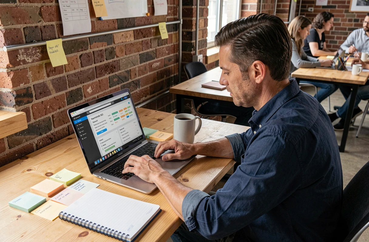 Homme travaillant sur des outils SEO et d'audit technique dans un espace de coworking avec matériel et notes