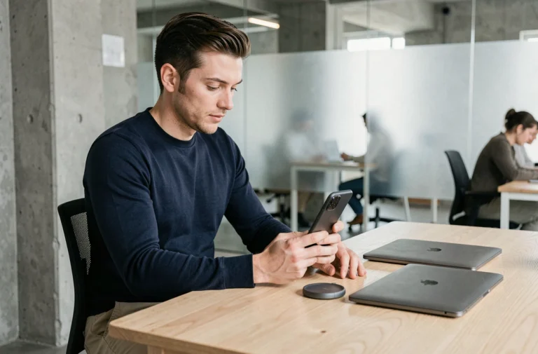 Homme utilisant un smartphone pliable dernière génération dans un espace de coworking moderne en 2024