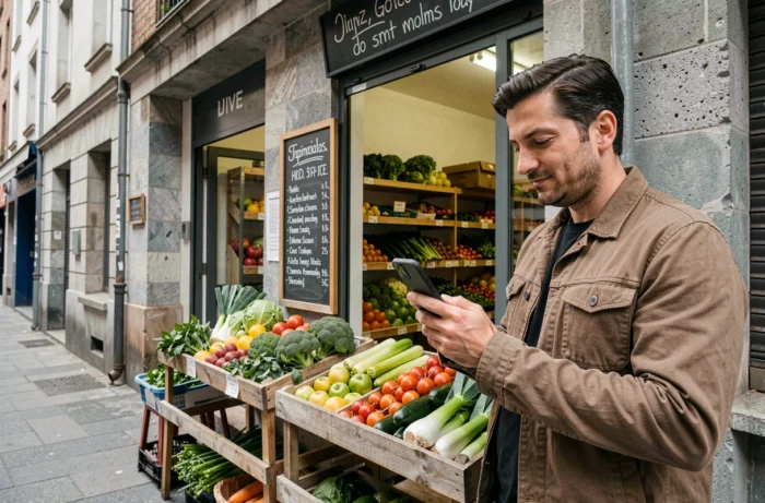 Homme cherchant un primeur ouvert près de chez lui sur son smartphone devant une épicerie