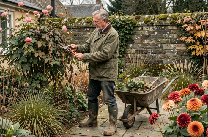 Homme taillant des rosiers dans un jardin de cottage en automne, avec une brouette en bois et des dahlias colorés sur un chemin de pierre