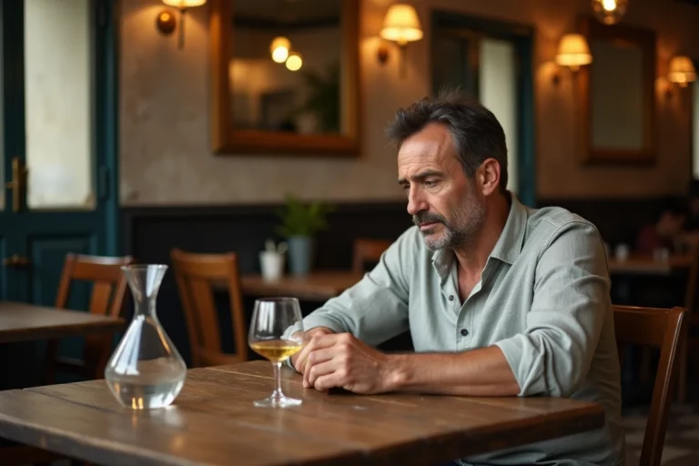 Homme seul dans un café français regardant pensivement un verre de pastis, illustrant les effets de l'alcool sur la santé mentale