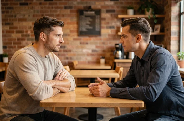 Deux hommes en conversation tendue dans un café, illustrant les conséquences des changements de comportement sur les relations interpersonnelles