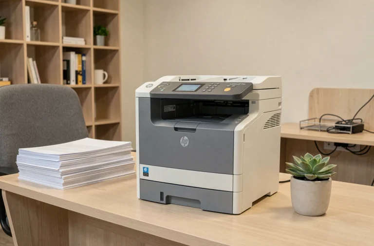 Imprimante HP LaserJet Pro M280nw posée sur un bureau de bureau moderne avec des documents empilés
