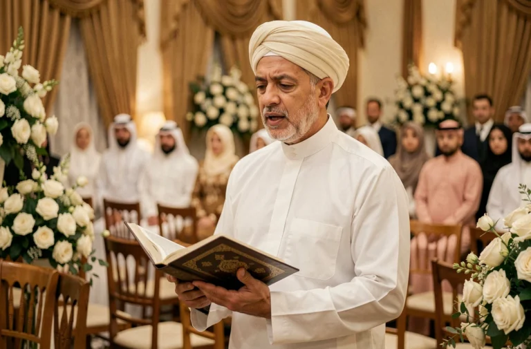 Imam en tenue traditionnelle tenant un Coran lors d'une cérémonie de mariage musulman dans une salle de réception décorée
