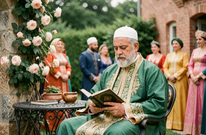 Imam lisant le Coran lors d'un mariage musulman en plein air dans un jardin fleuri en France