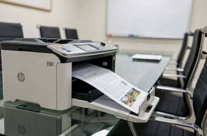 Document couleur sortant du bac de sortie de l'imprimante HP LaserJet Pro M280nw dans une salle de réunion