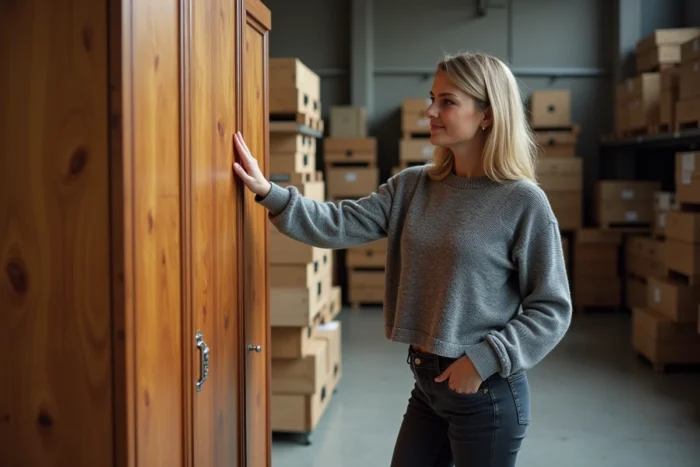Une femme examine une armoire en bois d'occasion dans un entrepôt Emmaüs avant livraison