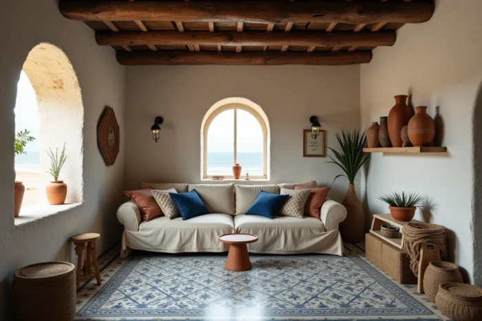 Intérieur authentique d'une maison de pêcheur rénovée au Portugal avec poutres en bois, sol en carreaux bleus et blancs et décoration côtière