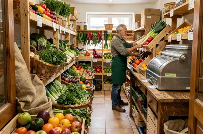 Intérieur d'un primeur indépendant avec un épicier réapprovisionnant ses légumes frais