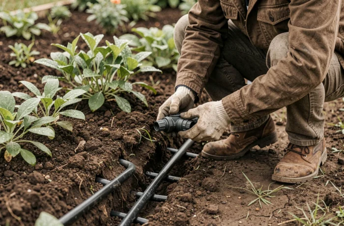 Jardinier installant un réseau de goutte-à-goutte enterré dans un massif de jardin, avec tuyaux noirs visibles sous la surface du sol et connecteur de distribution en main