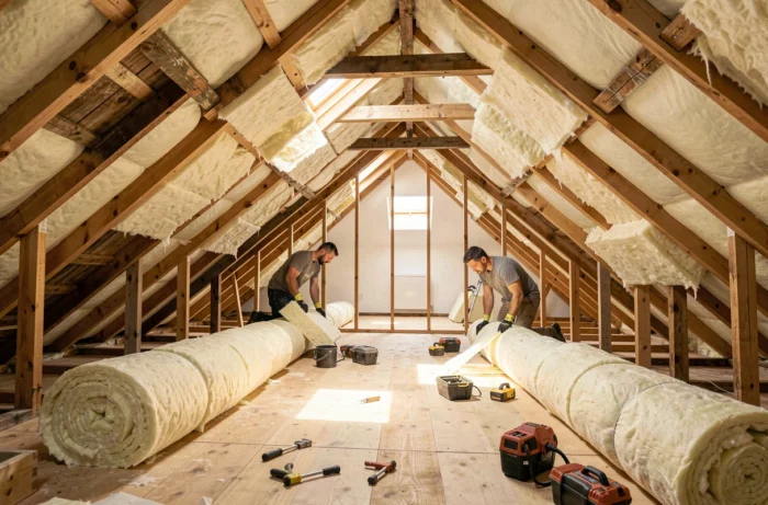 Deux ouvriers posant de la laine de verre entre les chevrons d'un grenier pendant des travaux de rénovation thermique de toiture