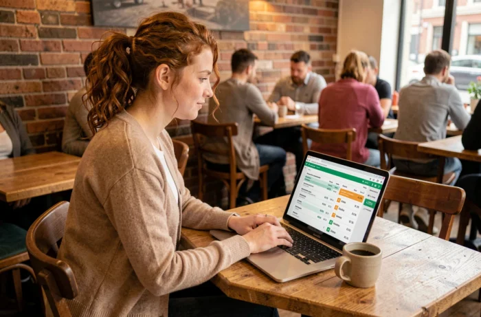 Jeune femme comparant des services sur Adivak.com dans un café branché