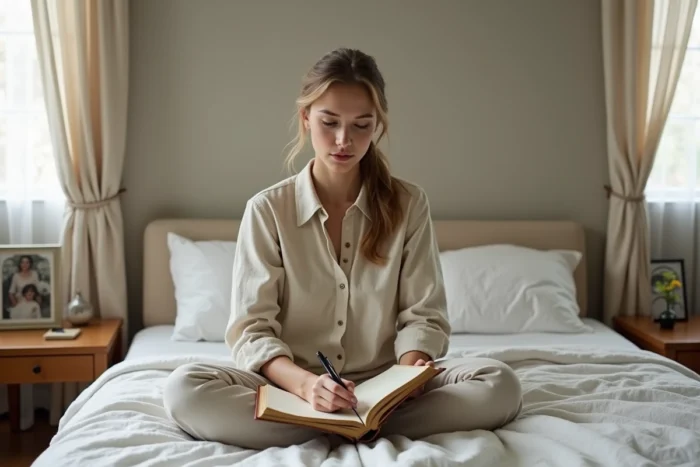 Jeune femme écrivant dans un journal intime sur son lit après un rêve de parents décédés, illustrant l'exploration de l'inconscient et du deuil
