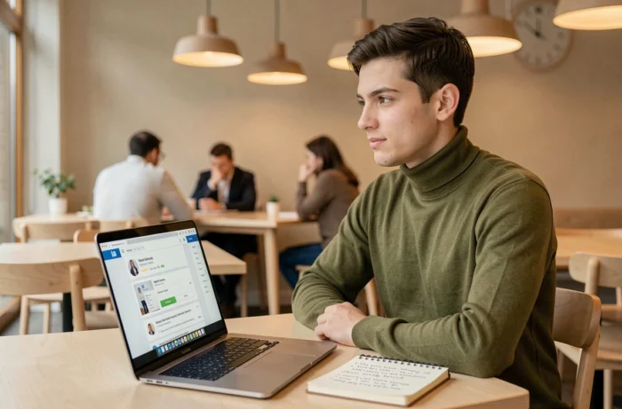 Jeune professionnel optimisant son profil LinkedIn dans un café scandinave pour mettre en valeur ses compétences sur le marché du travail
