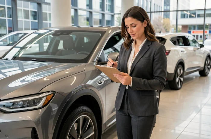 Journaliste automobile féminine prenant des notes devant un SUV électrique dans une salle d'exposition moderne