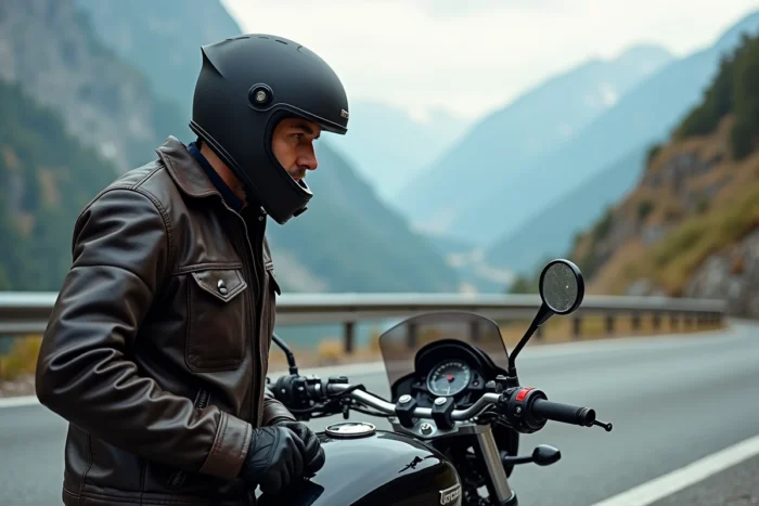 Journaliste moto analysant les données d'une moto de tourisme sur une route de montagne pour un comparatif